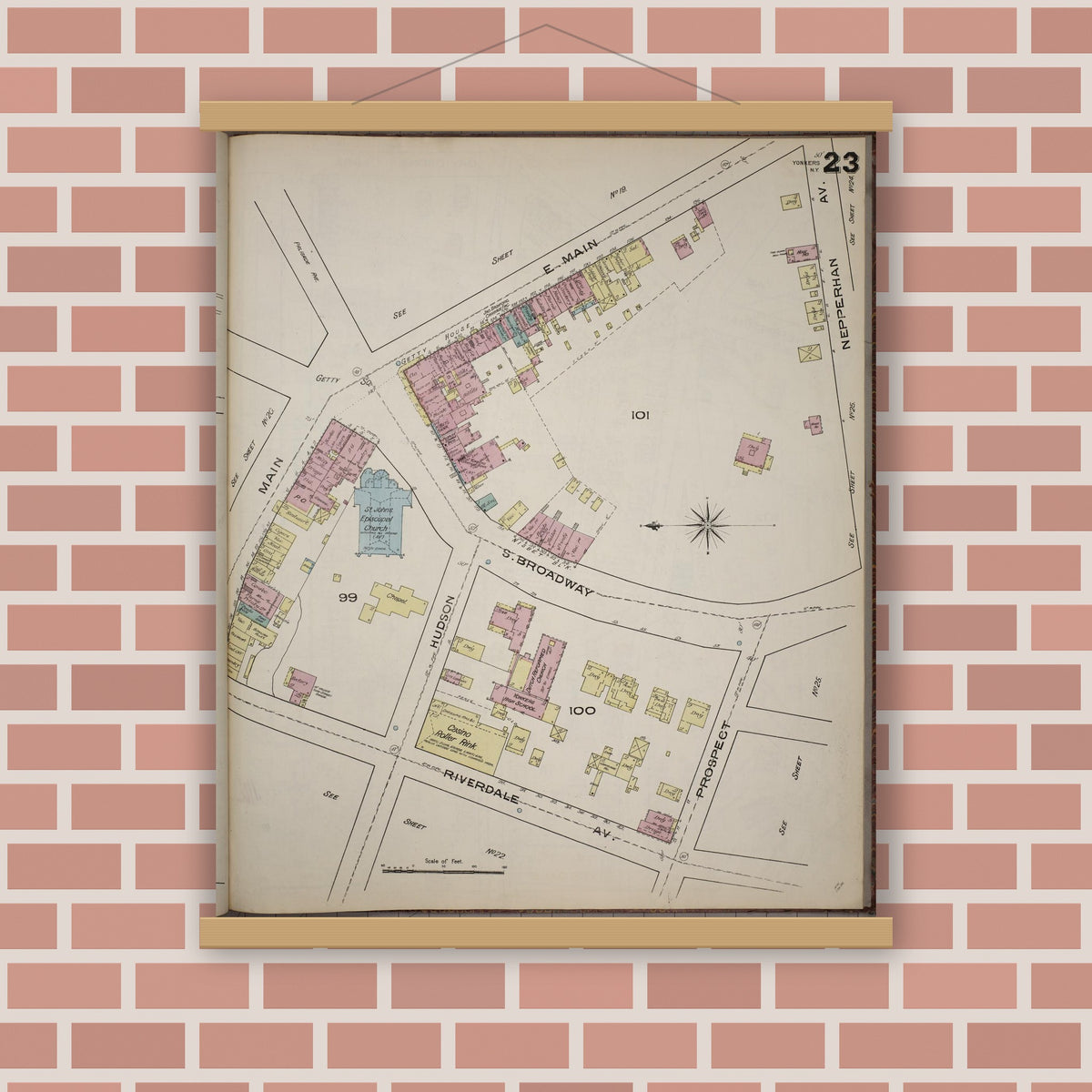Old map wall art mockup — magnetic wood frame on brick wall — Sanborn Fire Insurance Map from Yonkers, Westchester County, New York (1886), Sheet #0023