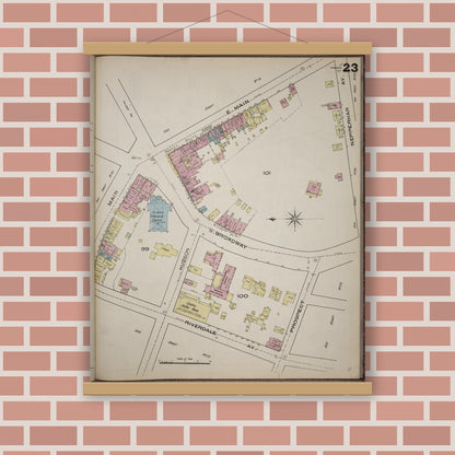 Old map wall art mockup — magnetic wood frame on brick wall — Sanborn Fire Insurance Map from Yonkers, Westchester County, New York (1886), Sheet #0023
