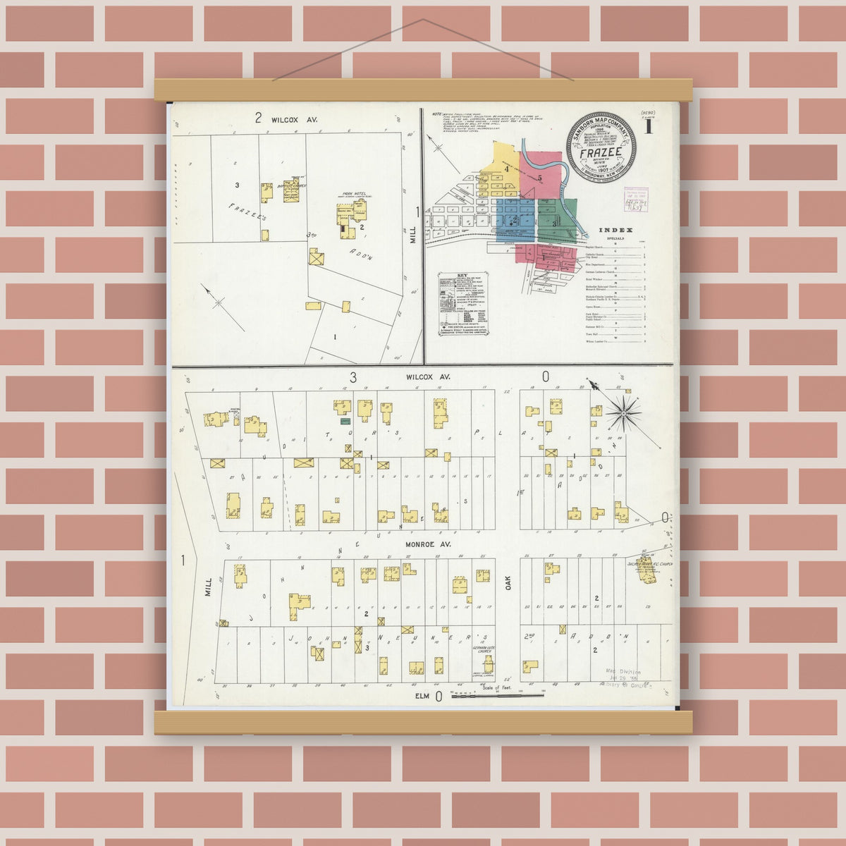 Old map wall art mockup — magnetic wood frame on brick wall — Sanborn Fire Insurance Map from Frazee, Becker County, Minnesota (1907) - Complete Map Set