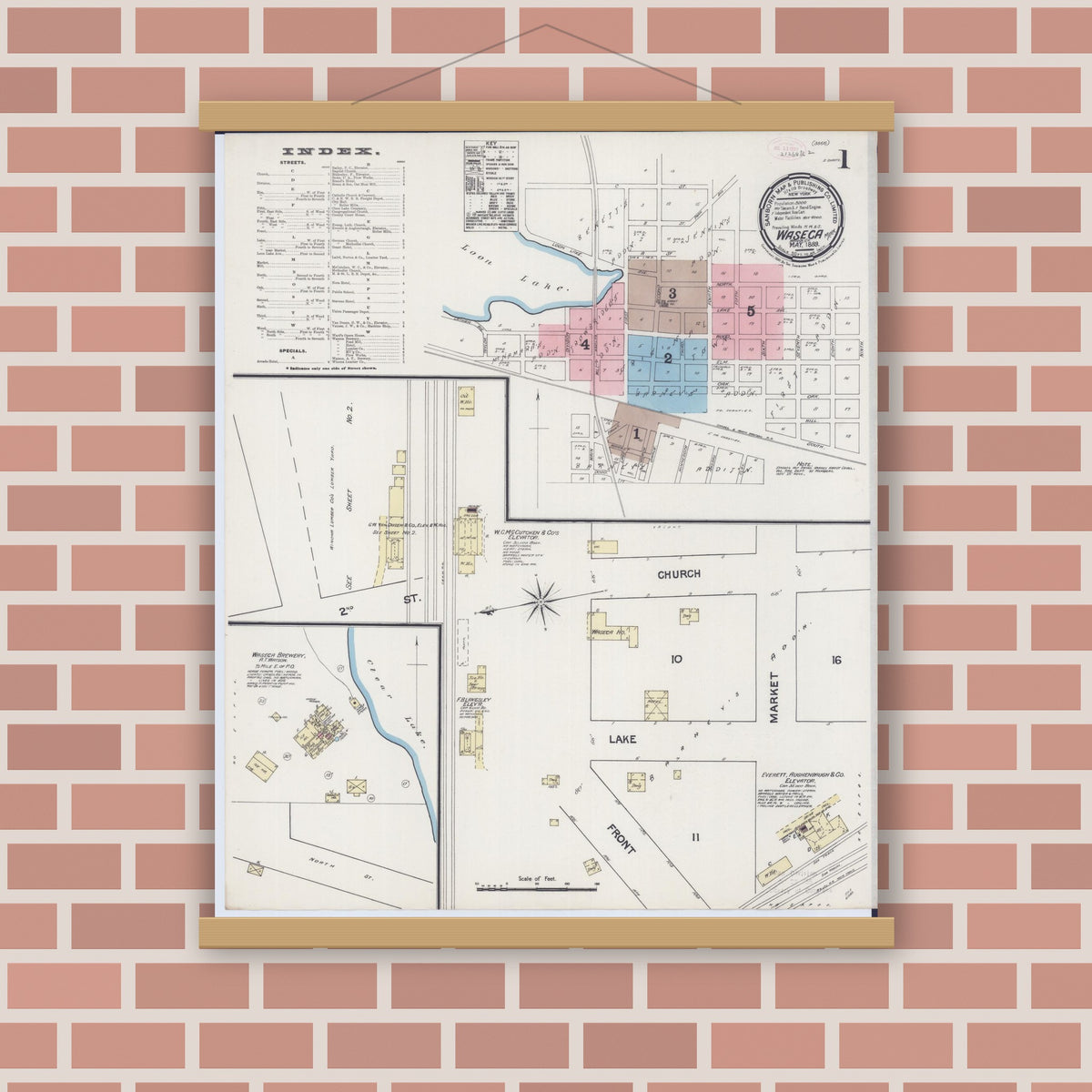 Old map wall art mockup — magnetic wood frame on brick wall — Sanborn Fire Insurance Map from Waseca, Waseca County, Minnesota (1889), Sheet #0001
