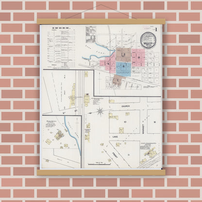 Old map wall art mockup — magnetic wood frame on brick wall — Sanborn Fire Insurance Map from Waseca, Waseca County, Minnesota (1889), Sheet #0001
