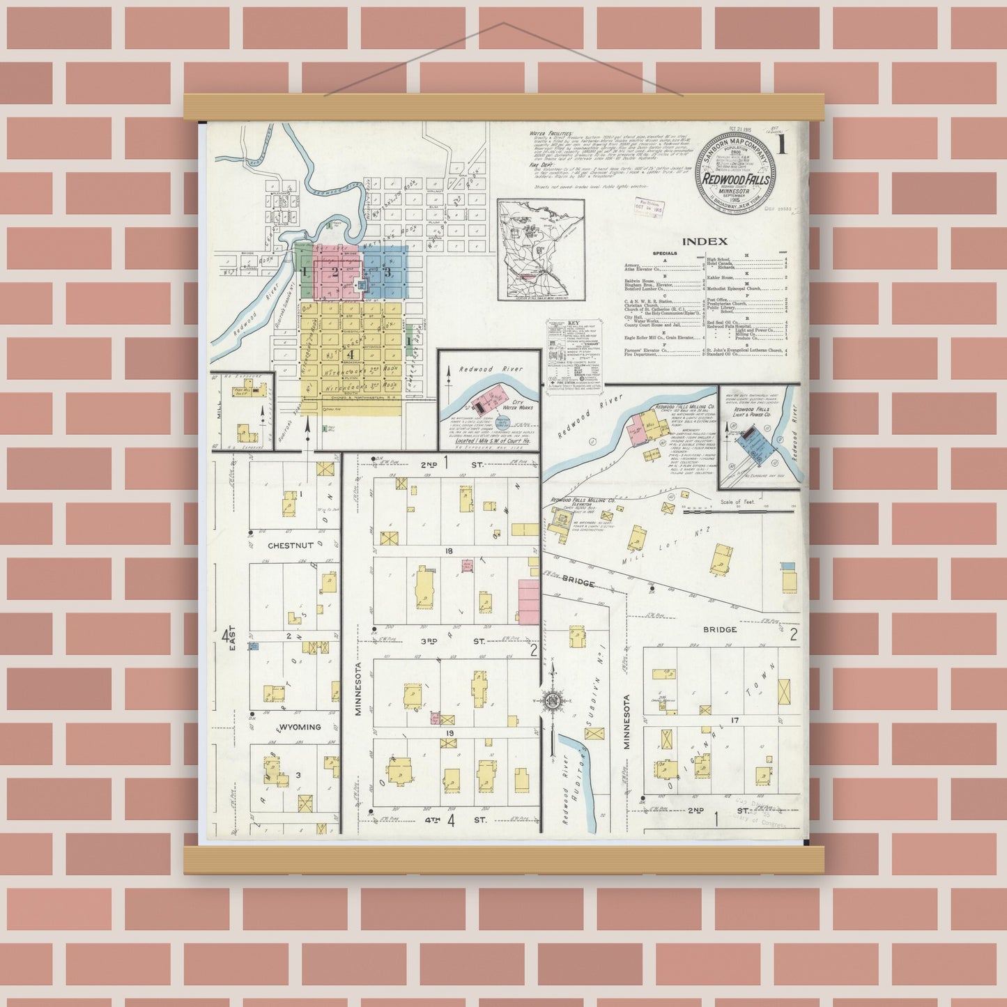 Old map wall art mockup — magnetic wood frame on brick wall — Sanborn Fire Insurance Map from Redwood Falls, Redwood County, Minnesota (1915) - Complete Map Set
