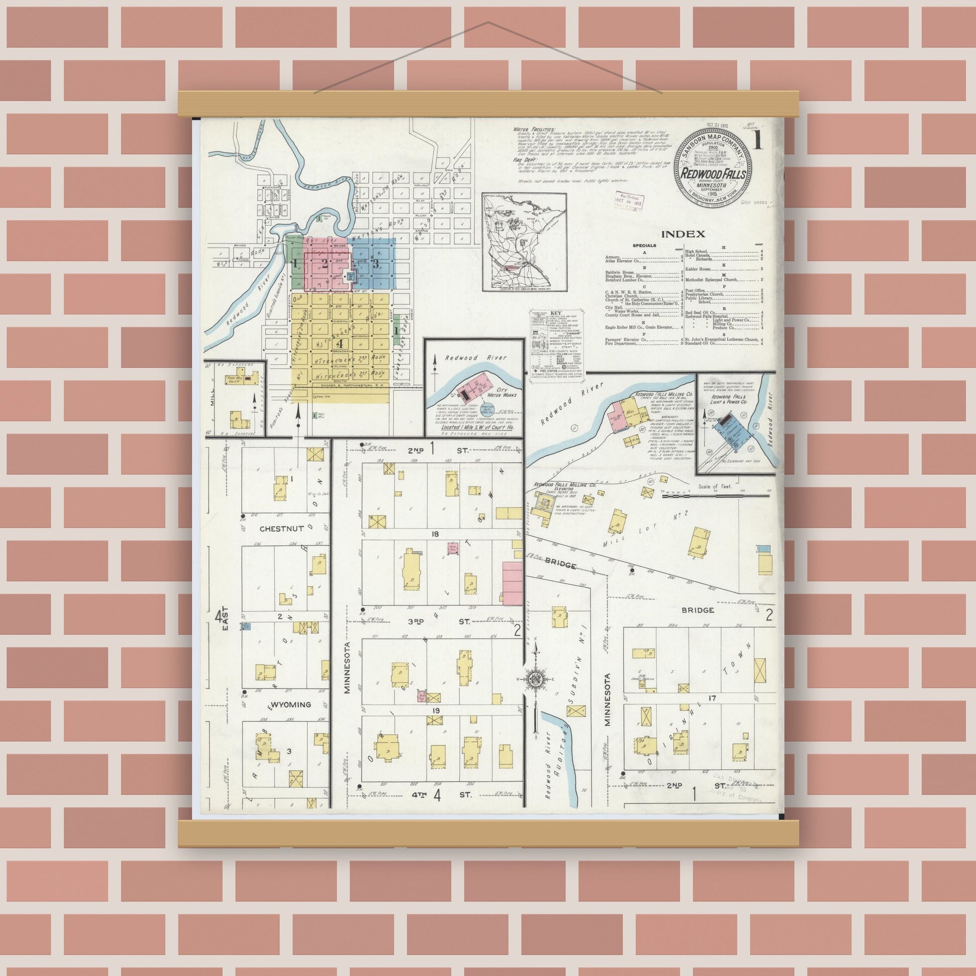 Old map wall art mockup — magnetic wood frame on brick wall — Sanborn Fire Insurance Map from Redwood Falls, Redwood County, Minnesota (1915) - Complete Map Set