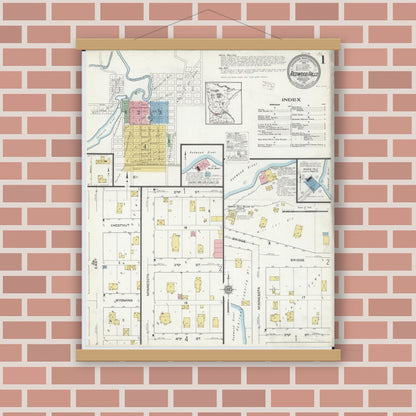 Old map wall art mockup — magnetic wood frame on brick wall — Sanborn Fire Insurance Map from Redwood Falls, Redwood County, Minnesota (1915) - Complete Map Set