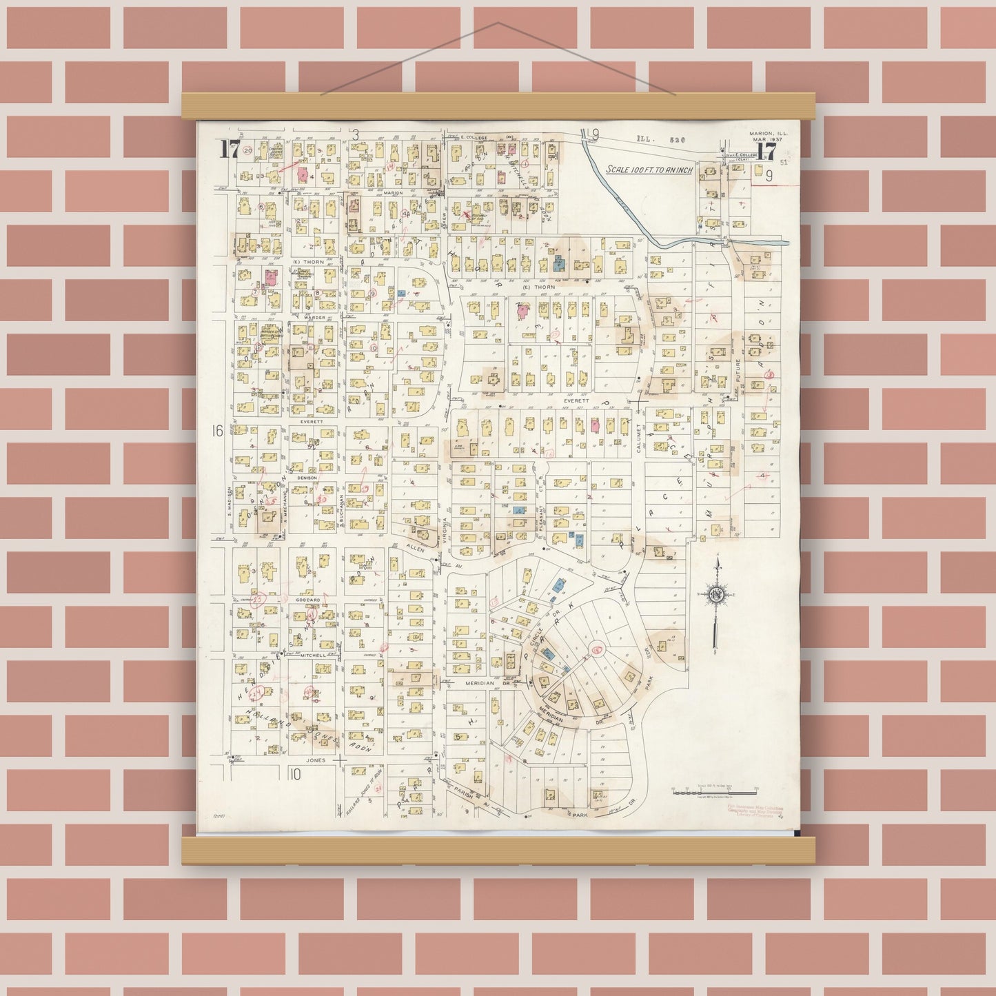 Old map wall art mockup — magnetic wood frame on brick wall — Sanborn Fire Insurance Map from Marion, Williamson County, Illinois (1946), Sheet #0017