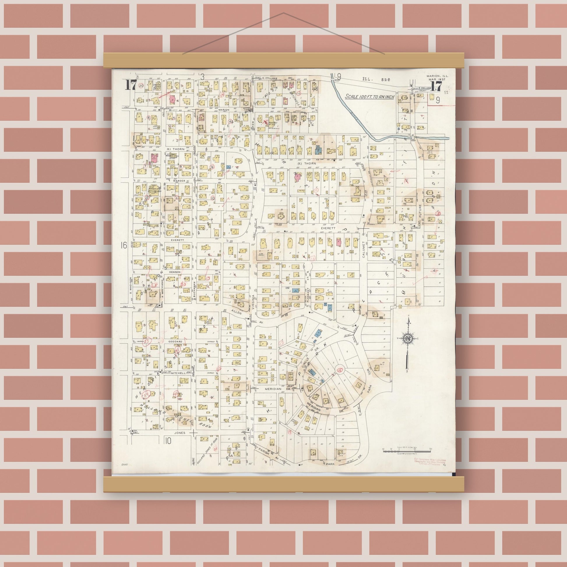Old map wall art mockup — magnetic wood frame on brick wall — Sanborn Fire Insurance Map from Marion, Williamson County, Illinois (1946), Sheet #0017