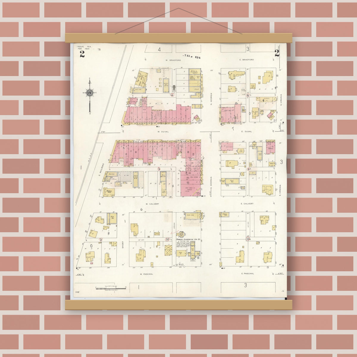 Old map wall art mockup — magnetic wood frame on brick wall — Sanborn Fire Insurance Map from Troup, Smith County, Texas (1943), Sheet #0002