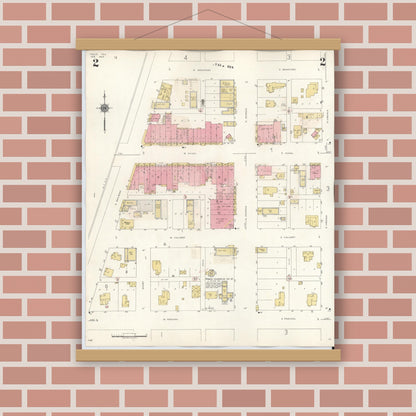Old map wall art mockup — magnetic wood frame on brick wall — Sanborn Fire Insurance Map from Troup, Smith County, Texas (1943), Sheet #0002