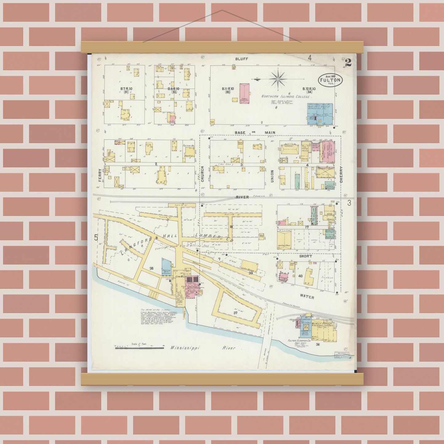 Old map wall art mockup — magnetic wood frame on brick wall — Sanborn Fire Insurance Map from Fulton, Whiteside County, Illinois (1897), Sheet #0002