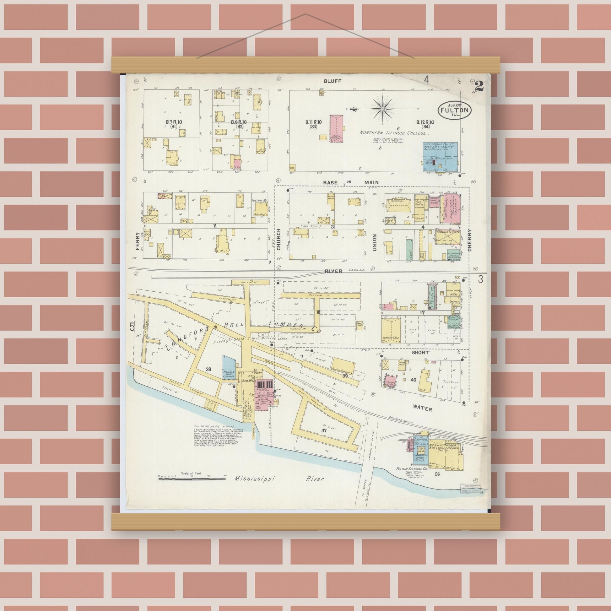 Old map wall art mockup — magnetic wood frame on brick wall — Sanborn Fire Insurance Map from Fulton, Whiteside County, Illinois (1897), Sheet #0002