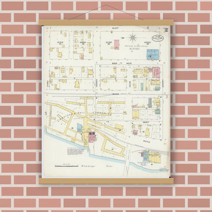 Old map wall art mockup — magnetic wood frame on brick wall — Sanborn Fire Insurance Map from Fulton, Whiteside County, Illinois (1897), Sheet #0002