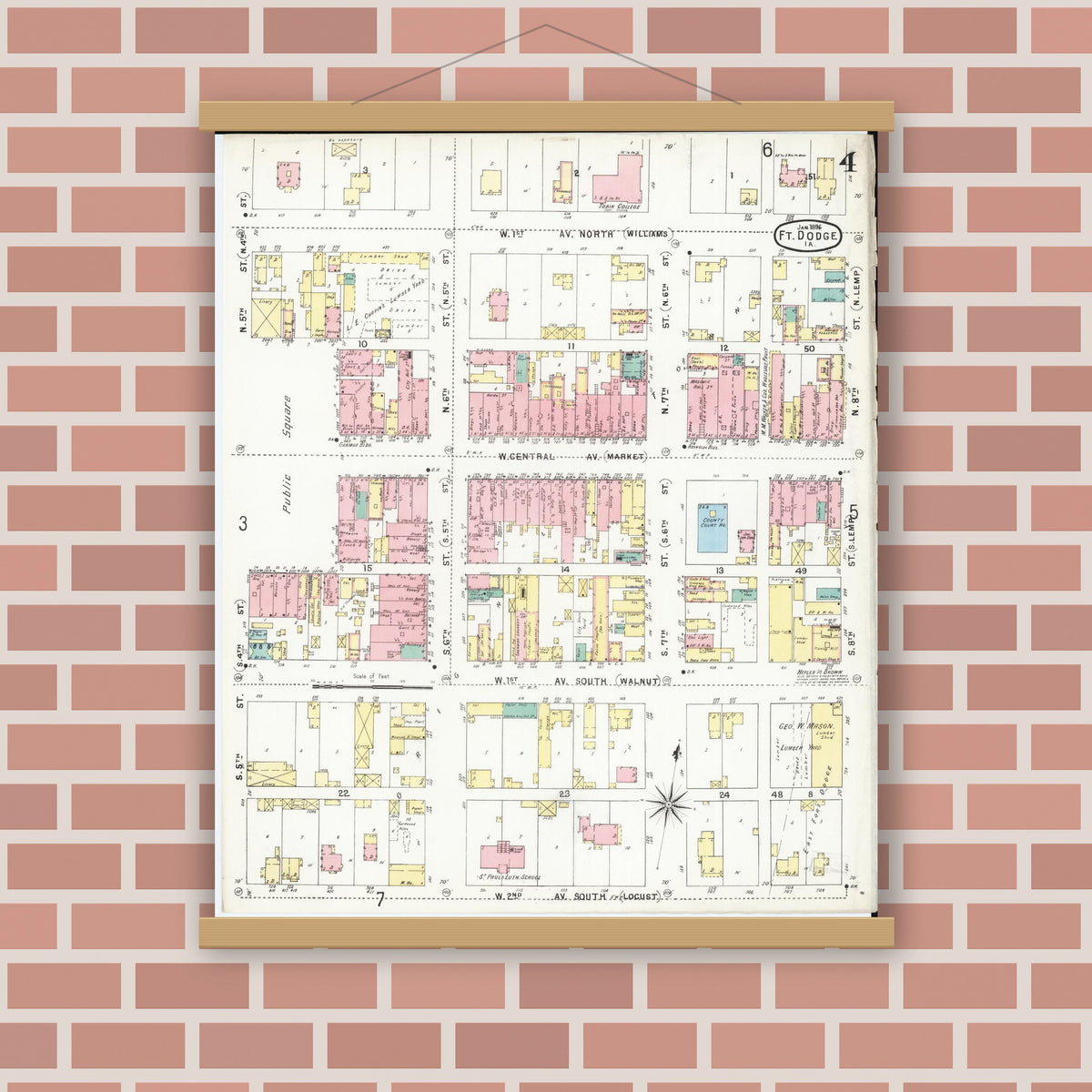 Old map wall art mockup — magnetic wood frame on brick wall — Sanborn Fire Insurance Map from Fort Dodge, Webster County, Iowa (1896), Sheet #0004