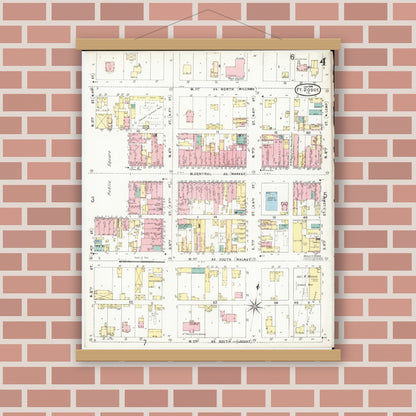 Old map wall art mockup — magnetic wood frame on brick wall — Sanborn Fire Insurance Map from Fort Dodge, Webster County, Iowa (1896), Sheet #0004