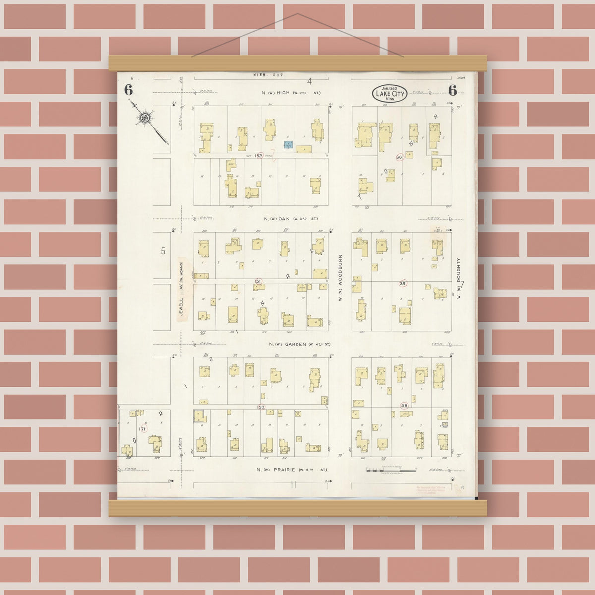 Old map wall art mockup — magnetic wood frame on brick wall — Sanborn Fire Insurance Map from Lake City, Wabasha County, Minnesota (1938), Sheet #0006