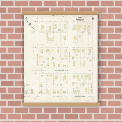 Old map wall art mockup — magnetic wood frame on brick wall — Sanborn Fire Insurance Map from Lake City, Wabasha County, Minnesota (1938), Sheet #0006
