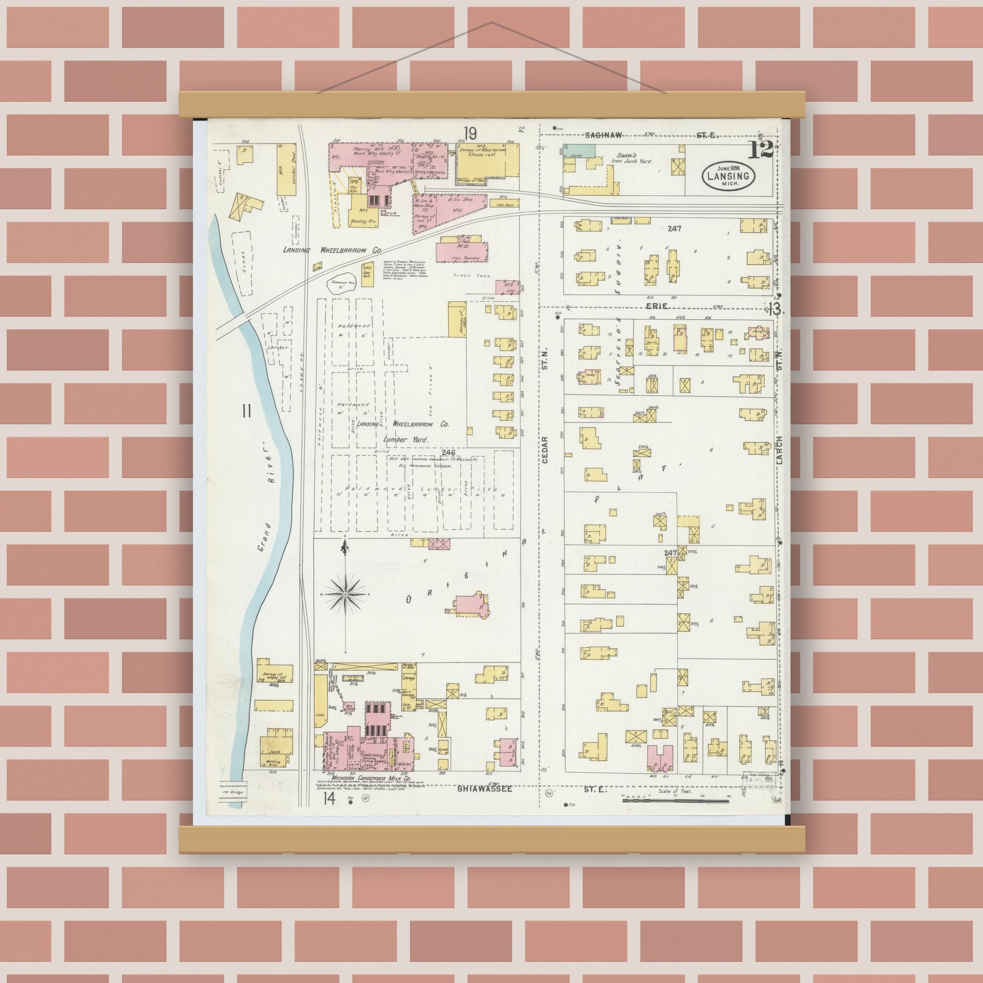 Old map wall art mockup — magnetic wood frame on brick wall — Sanborn Fire Insurance Map from Lansing, Ingham County, Michigan (1898), Sheet #0012