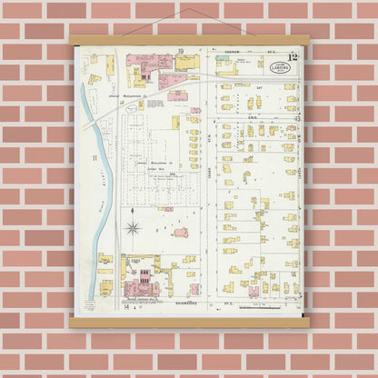 Old map wall art mockup — magnetic wood frame on brick wall — Sanborn Fire Insurance Map from Lansing, Ingham County, Michigan (1898), Sheet #0012