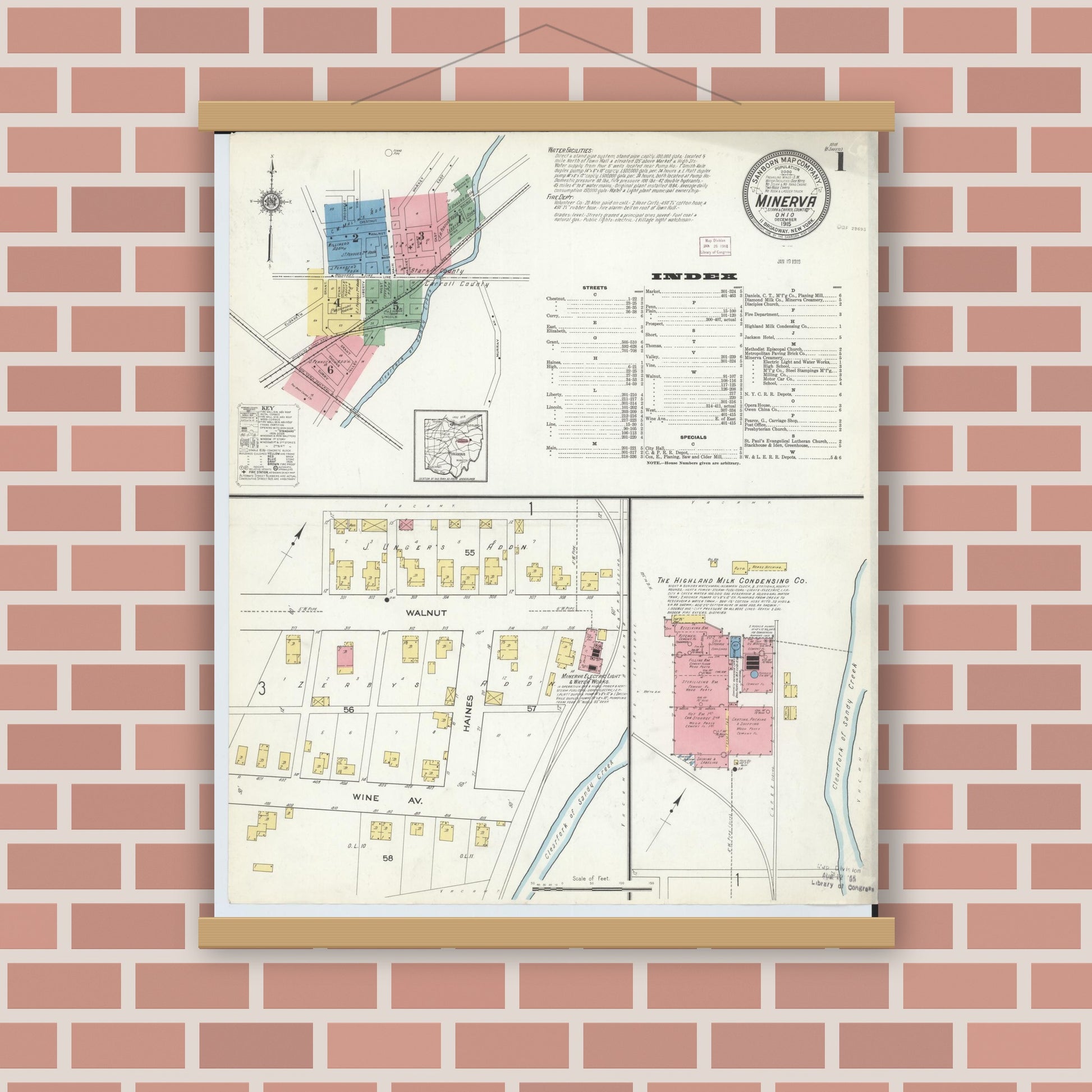 Old map wall art mockup — magnetic wood frame on brick wall — Sanborn Fire Insurance Map from Minerva, Stark And Carroll Counties, Ohio (1915), Sheet #0001