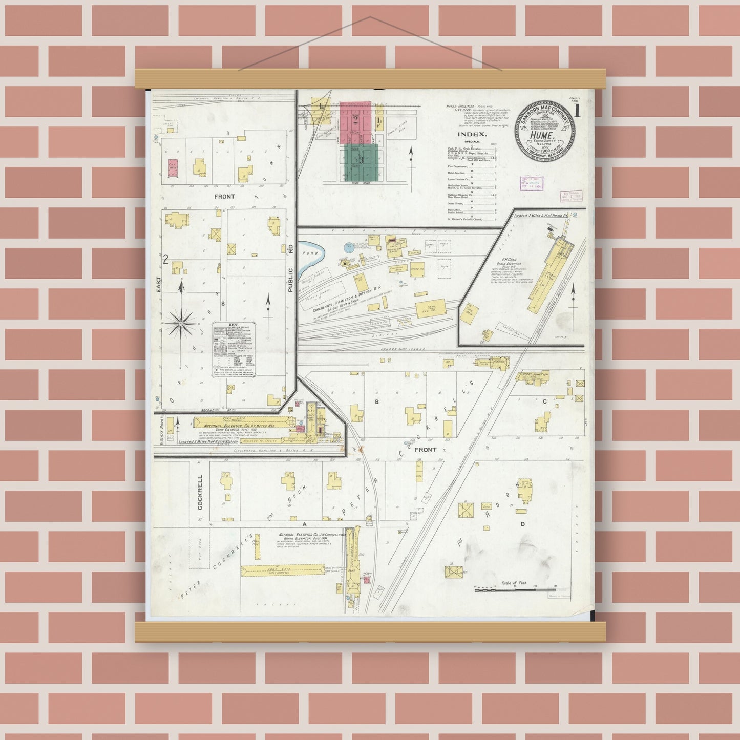 Old map wall art mockup — magnetic wood frame on brick wall — Sanborn Fire Insurance Map from Hume, Edgar County, Illinois (1909) - Complete Map Set