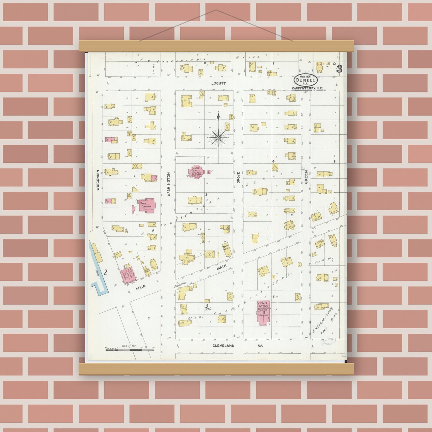 Old map wall art mockup — magnetic wood frame on brick wall — Sanborn Fire Insurance Map from Dundee, Kane County, Illinois (1905), Sheet #0003