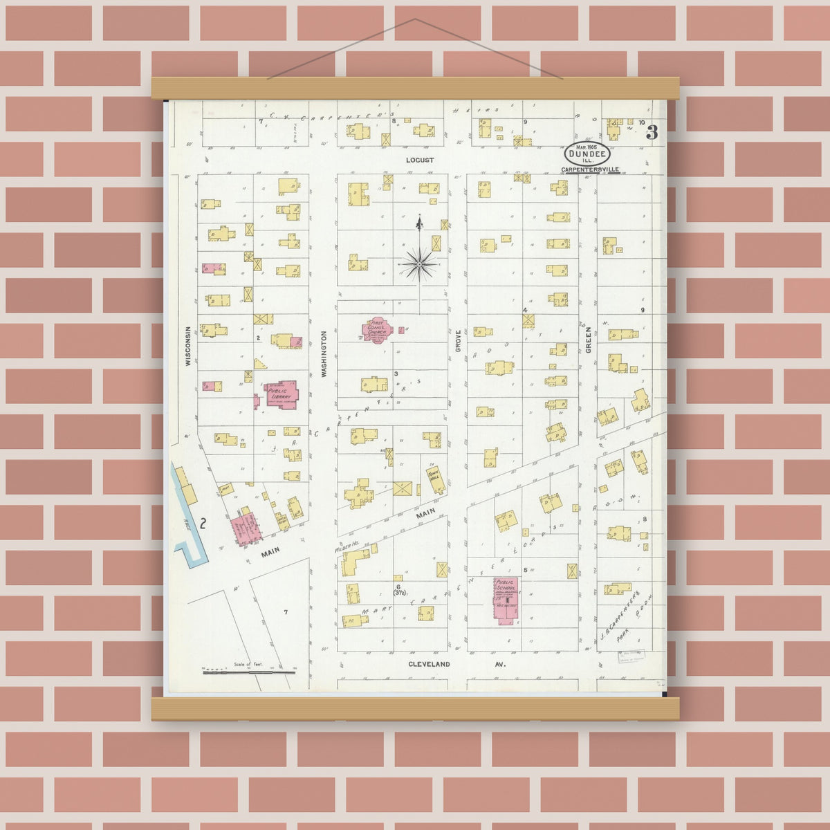 Old map wall art mockup — magnetic wood frame on brick wall — Sanborn Fire Insurance Map from Dundee, Kane County, Illinois (1905), Sheet #0003