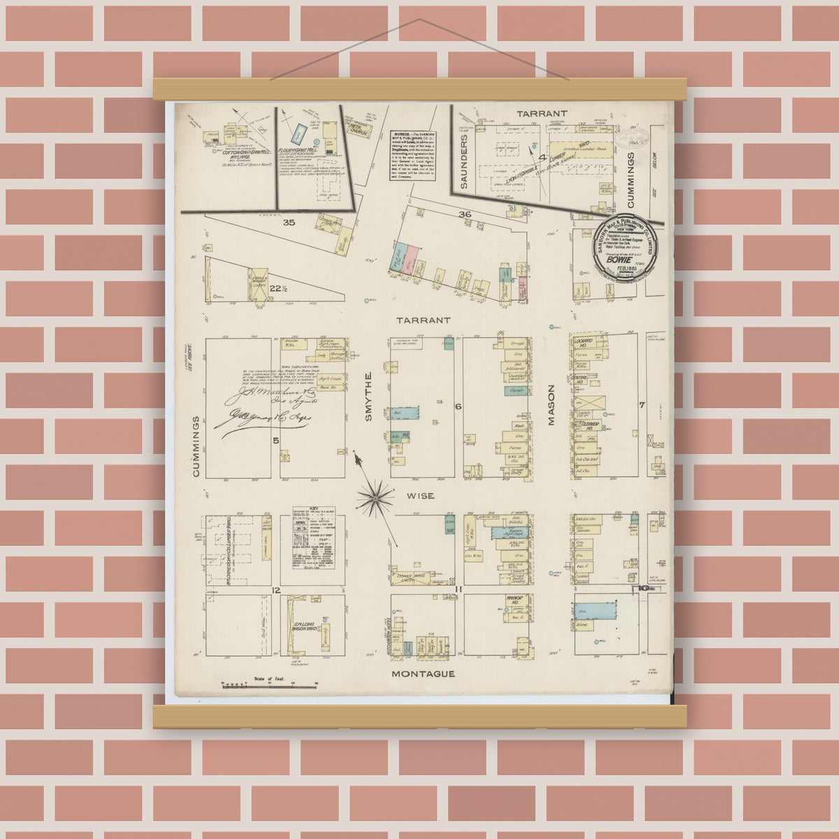 Old map wall art mockup — magnetic wood frame on brick wall — Sanborn Fire Insurance Map from Bowie, Montague County, Texas (1885), Sheet #0001