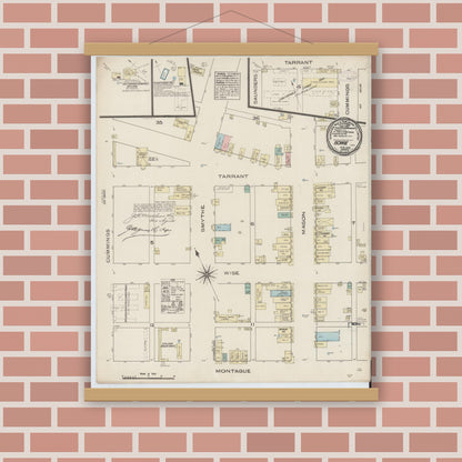 Old map wall art mockup — magnetic wood frame on brick wall — Sanborn Fire Insurance Map from Bowie, Montague County, Texas (1885), Sheet #0001
