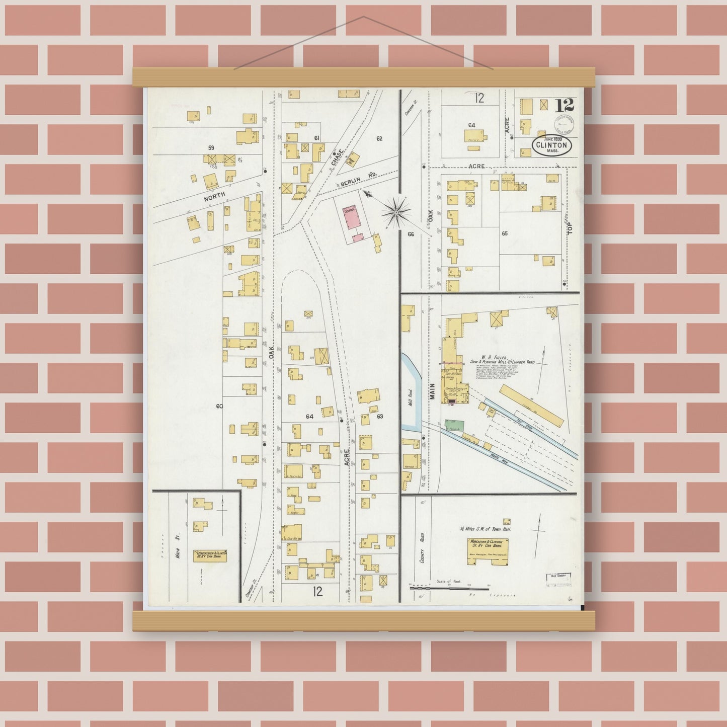 Old map wall art mockup — magnetic wood frame on brick wall — Sanborn Fire Insurance Map from Clinton, Worcester County, Massachusetts (1899), Sheet #0012