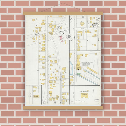 Old map wall art mockup — magnetic wood frame on brick wall — Sanborn Fire Insurance Map from Clinton, Worcester County, Massachusetts (1899), Sheet #0012