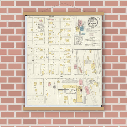 Old map wall art mockup — magnetic wood frame on brick wall — Sanborn Fire Insurance Map from Ashville, Pickaway County, Ohio (1916) - Complete Map Set