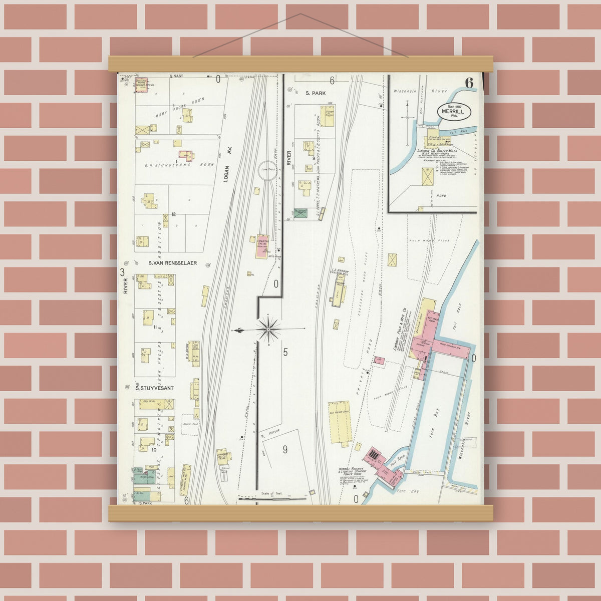 Old map wall art mockup — magnetic wood frame on brick wall — Sanborn Fire Insurance Map from Merrill, Lincoln County, Wisconsin (1907), Sheet #0006