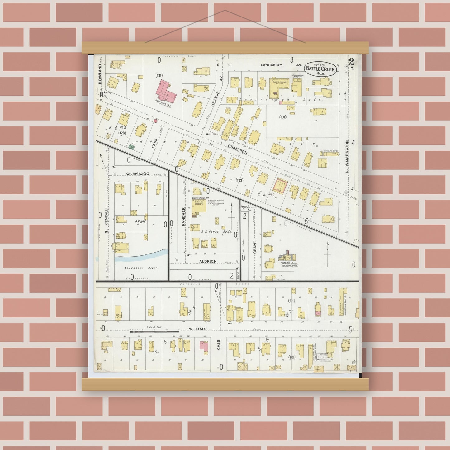 Old map wall art mockup — magnetic wood frame on brick wall — Sanborn Fire Insurance Map from Battle Creek, Calhoun County, Michigan (1899), Sheet #0002