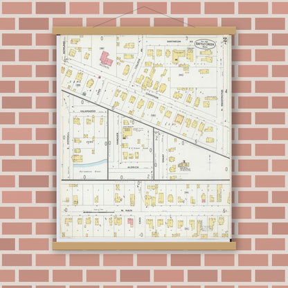 Old map wall art mockup — magnetic wood frame on brick wall — Sanborn Fire Insurance Map from Battle Creek, Calhoun County, Michigan (1899), Sheet #0002