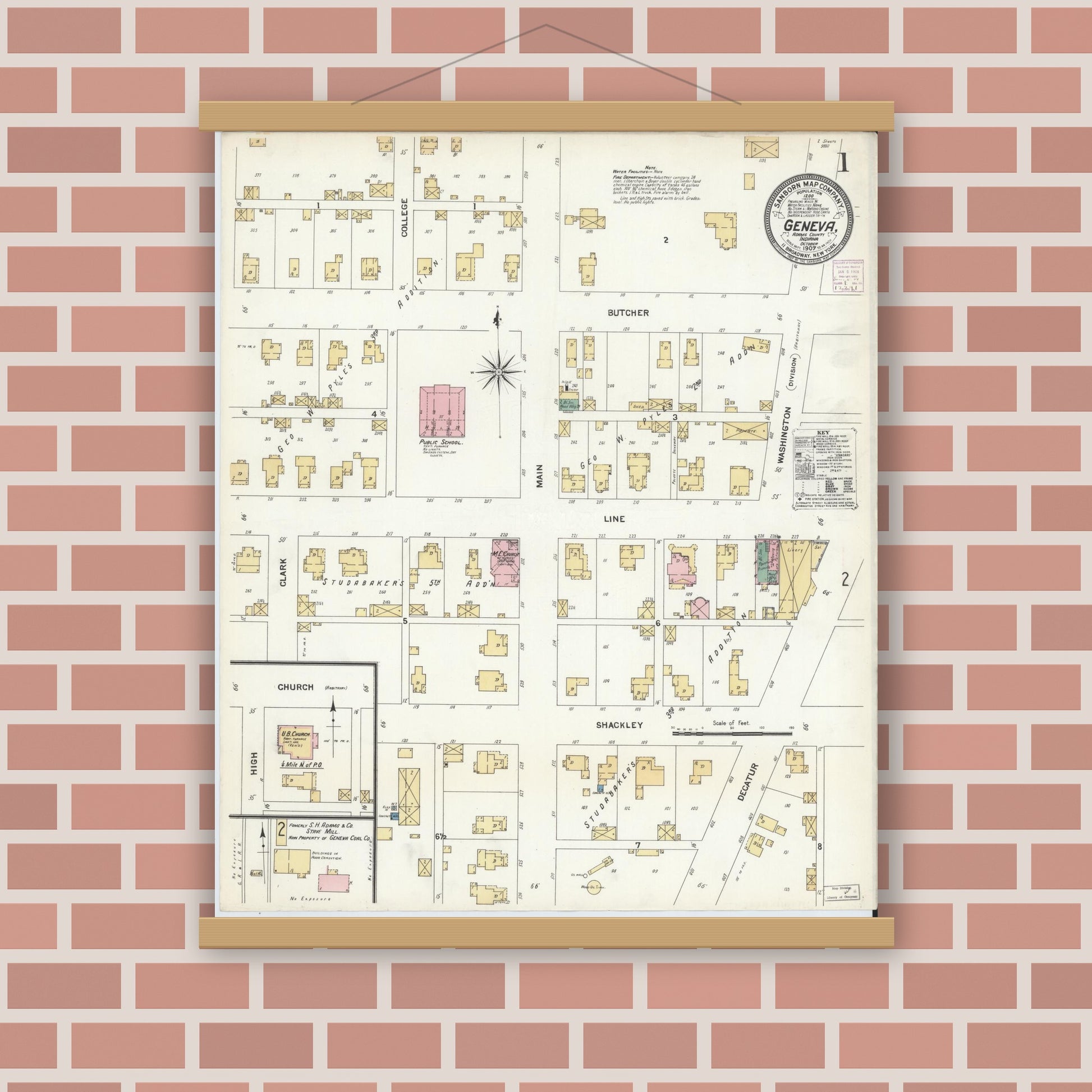 Old map wall art mockup — magnetic wood frame on brick wall — Sanborn Fire Insurance Map from Geneva, Adams County, Indiana (1907), Sheet #0001
