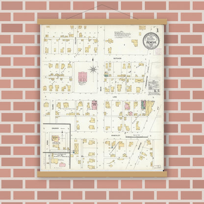 Old map wall art mockup — magnetic wood frame on brick wall — Sanborn Fire Insurance Map from Geneva, Adams County, Indiana (1907), Sheet #0001