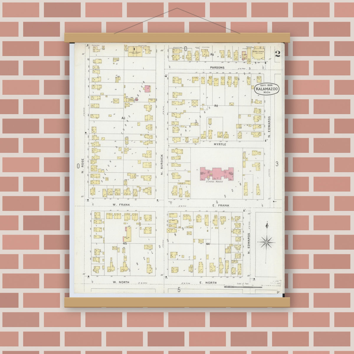 Old map wall art mockup — magnetic wood frame on brick wall — Sanborn Fire Insurance Map from Kalamazoo, Kalamazoo County, Michigan (1896), Sheet #0002