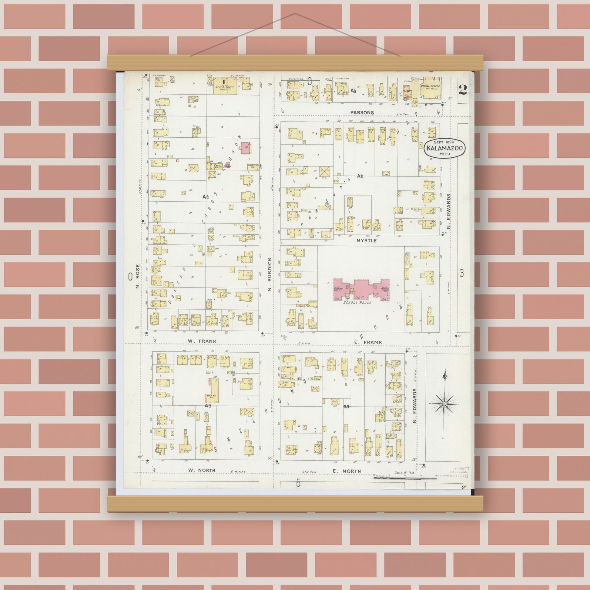 Old map wall art mockup — magnetic wood frame on brick wall — Sanborn Fire Insurance Map from Kalamazoo, Kalamazoo County, Michigan (1896), Sheet #0002