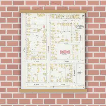 Old map wall art mockup — magnetic wood frame on brick wall — Sanborn Fire Insurance Map from Kalamazoo, Kalamazoo County, Michigan (1896), Sheet #0002