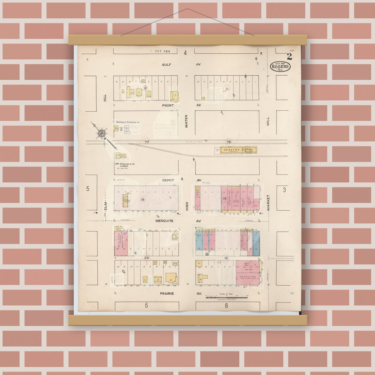 Old map wall art mockup — magnetic wood frame on brick wall — Sanborn Fire Insurance Map from Rogers, Bell County, Texas (1944), Sheet #0002