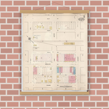 Old map wall art mockup — magnetic wood frame on brick wall — Sanborn Fire Insurance Map from Rogers, Bell County, Texas (1944), Sheet #0002
