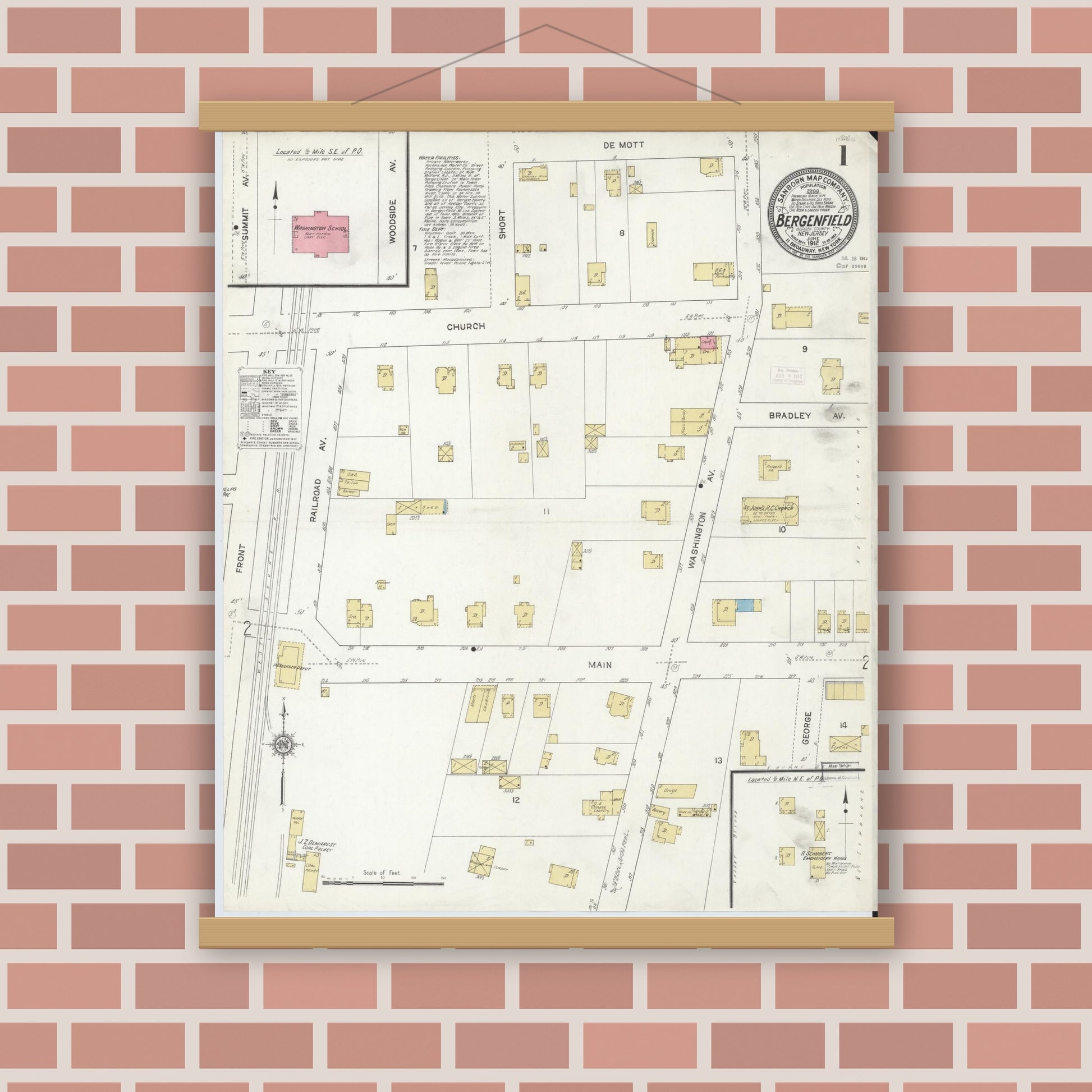 Old map wall art mockup — magnetic wood frame on brick wall — Sanborn Fire Insurance Map from Bergenfield, Bergen County, New Jersey (1912), Sheet #0001