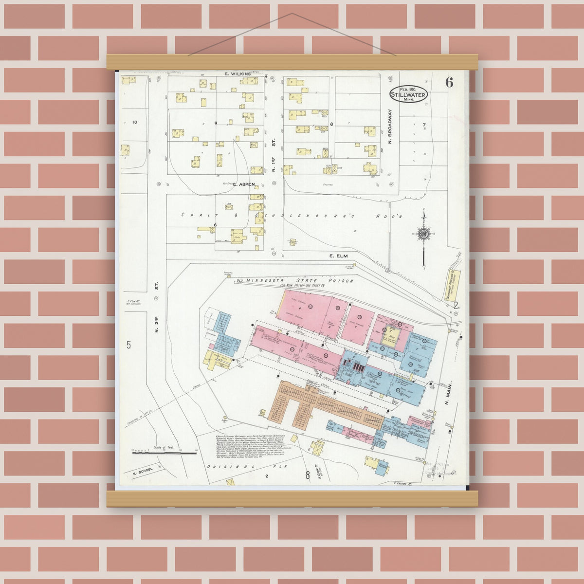 Old map wall art mockup — magnetic wood frame on brick wall — Sanborn Fire Insurance Map from Stillwater, Washington County, Minnesota (1910), Sheet #0006