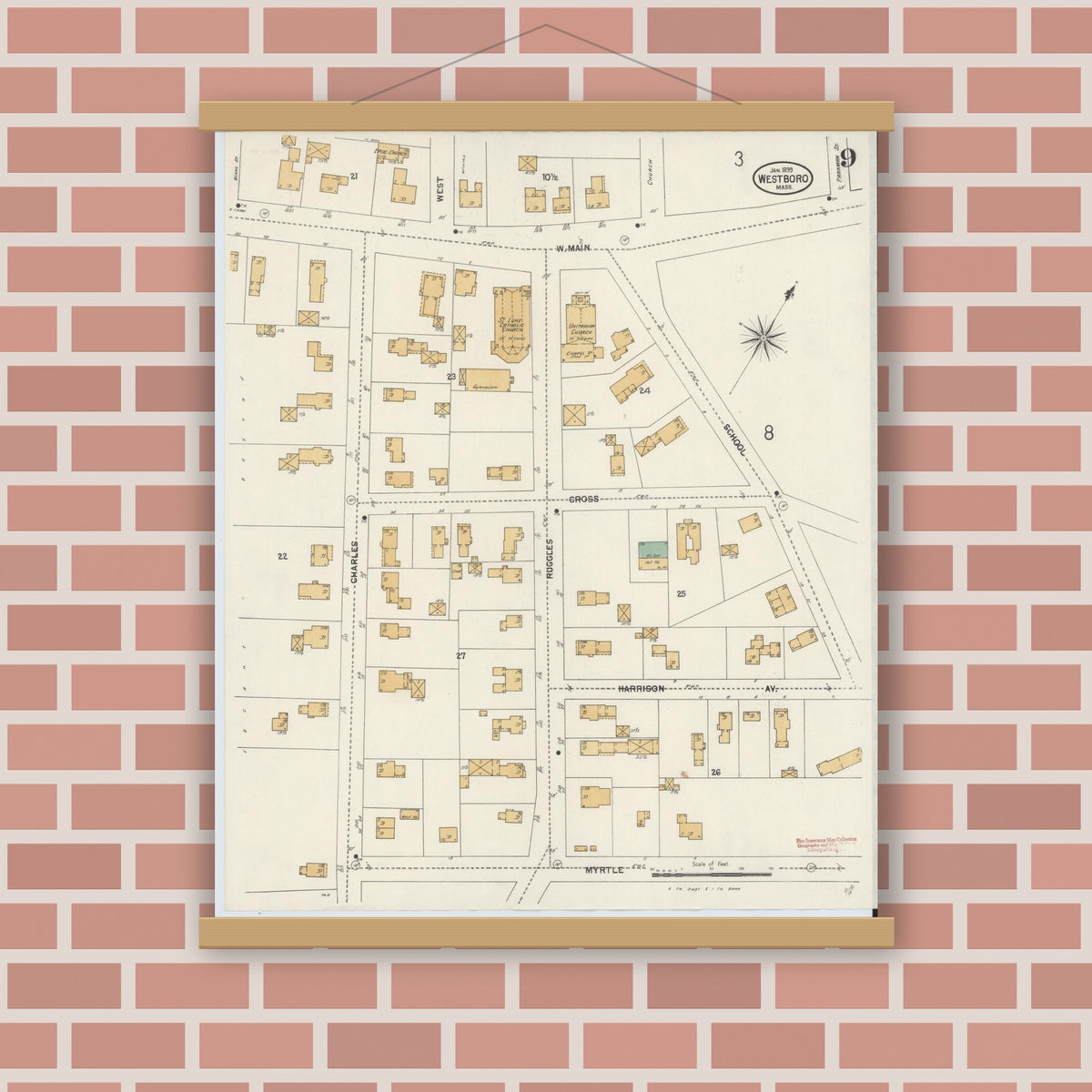 Old map wall art mockup — magnetic wood frame on brick wall — Sanborn Fire Insurance Map from Westboro, Worcester County, Massachusetts (1899), Sheet #0009