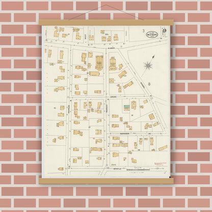 Old map wall art mockup — magnetic wood frame on brick wall — Sanborn Fire Insurance Map from Westboro, Worcester County, Massachusetts (1899), Sheet #0009