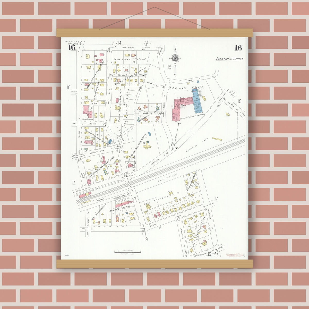 Old map wall art mockup — magnetic wood frame on brick wall — Sanborn Fire Insurance Map from Glen Ellyn, Du Page County, Illinois (1940), Sheet #0016