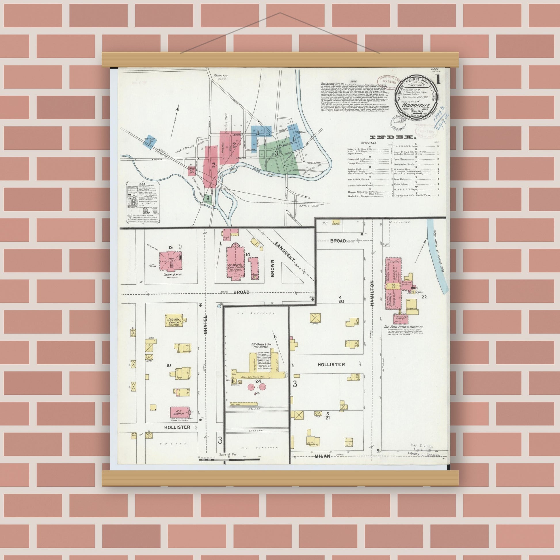 Old map wall art mockup — magnetic wood frame on brick wall — Sanborn Fire Insurance Map from Monroeville, Huron County, Ohio (1899), Sheet #0001