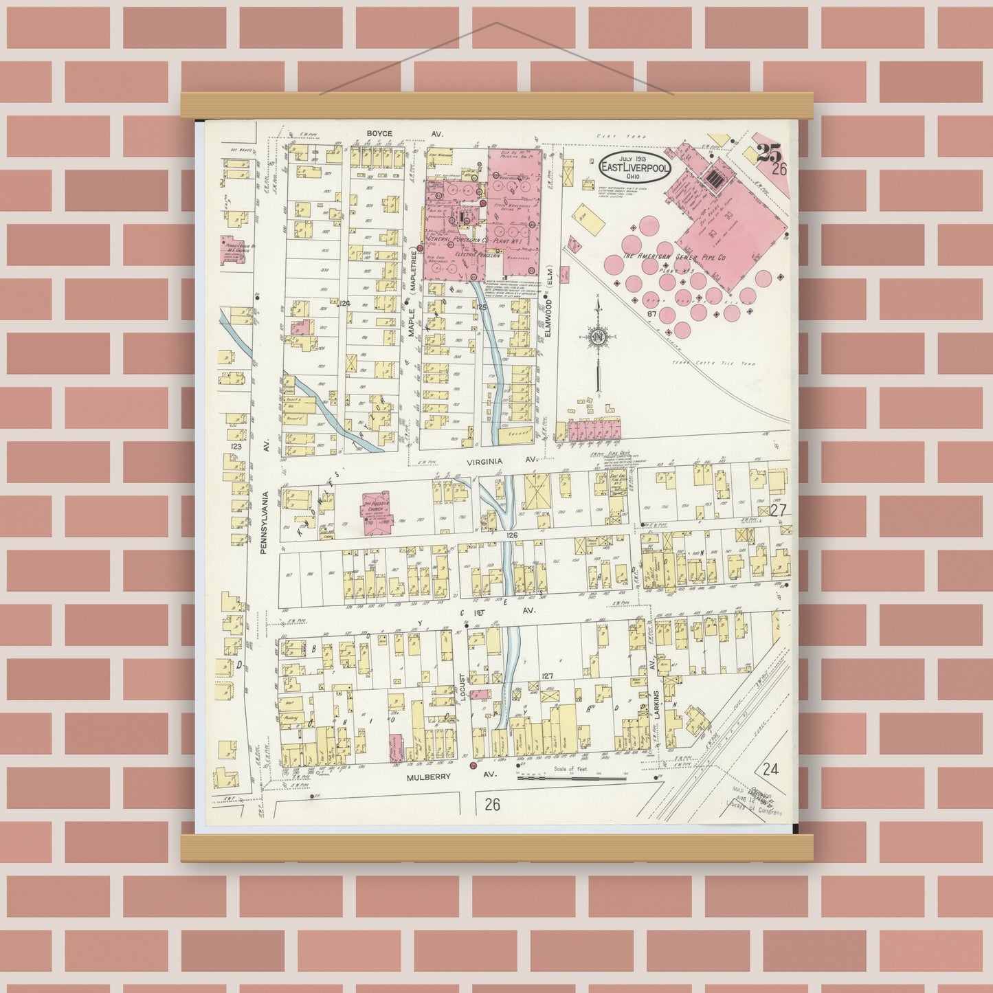 Old map wall art mockup — magnetic wood frame on brick wall — Sanborn Fire Insurance Map from East Liverpool, Columbiana County, Ohio (1913), Sheet #0025