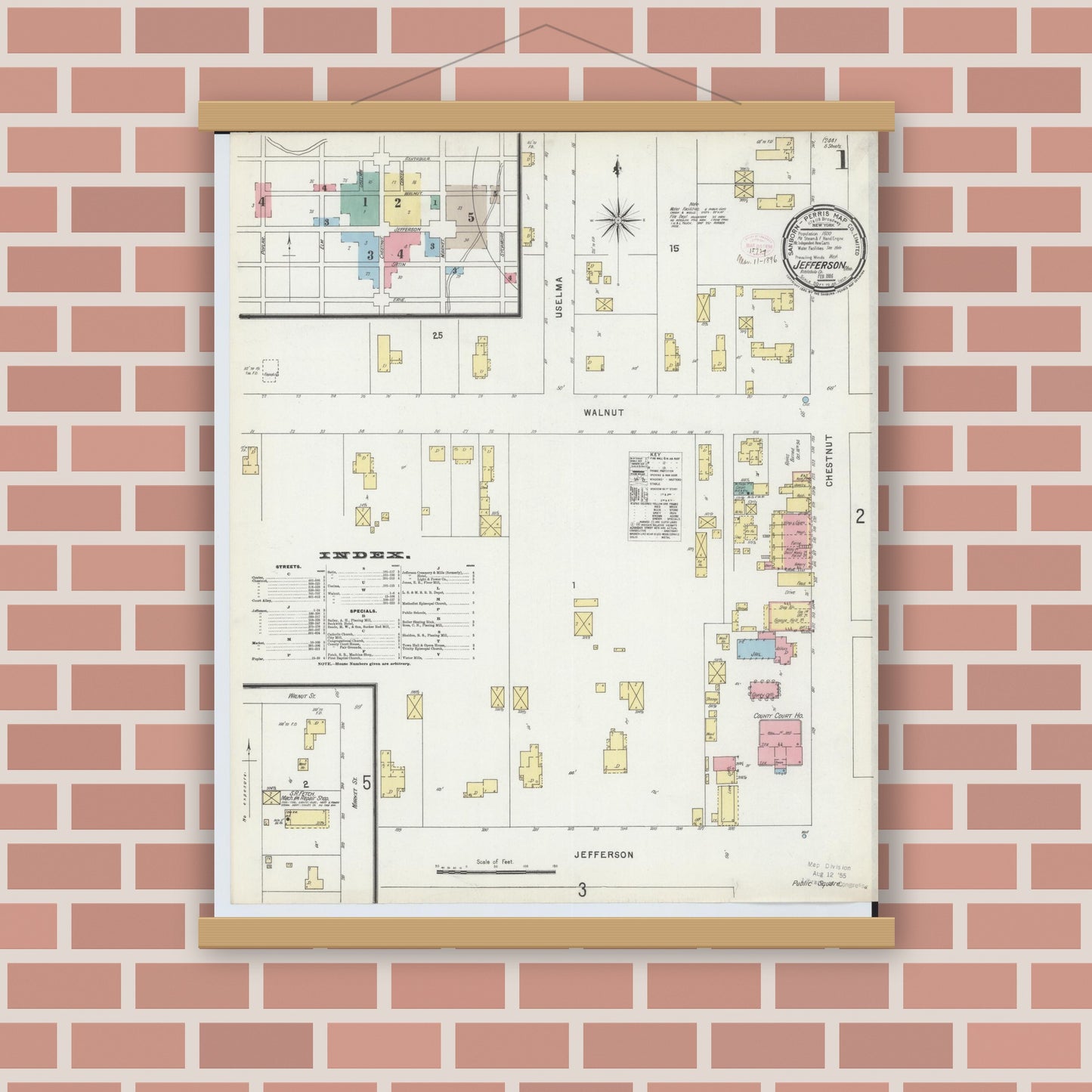 Old map wall art mockup — magnetic wood frame on brick wall — Sanborn Fire Insurance Map from Jefferson, Ashtabula County, Ohio (1896), Sheet #0001