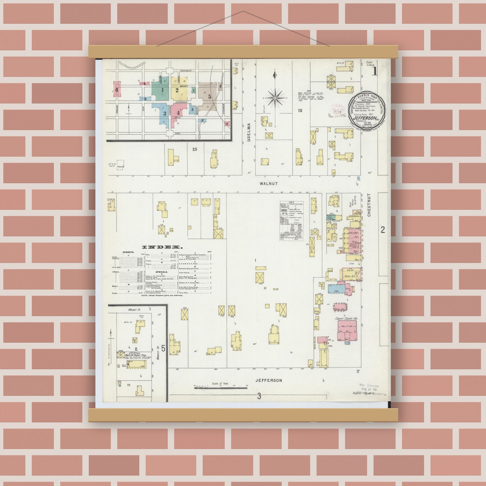 Old map wall art mockup — magnetic wood frame on brick wall — Sanborn Fire Insurance Map from Jefferson, Ashtabula County, Ohio (1896), Sheet #0001
