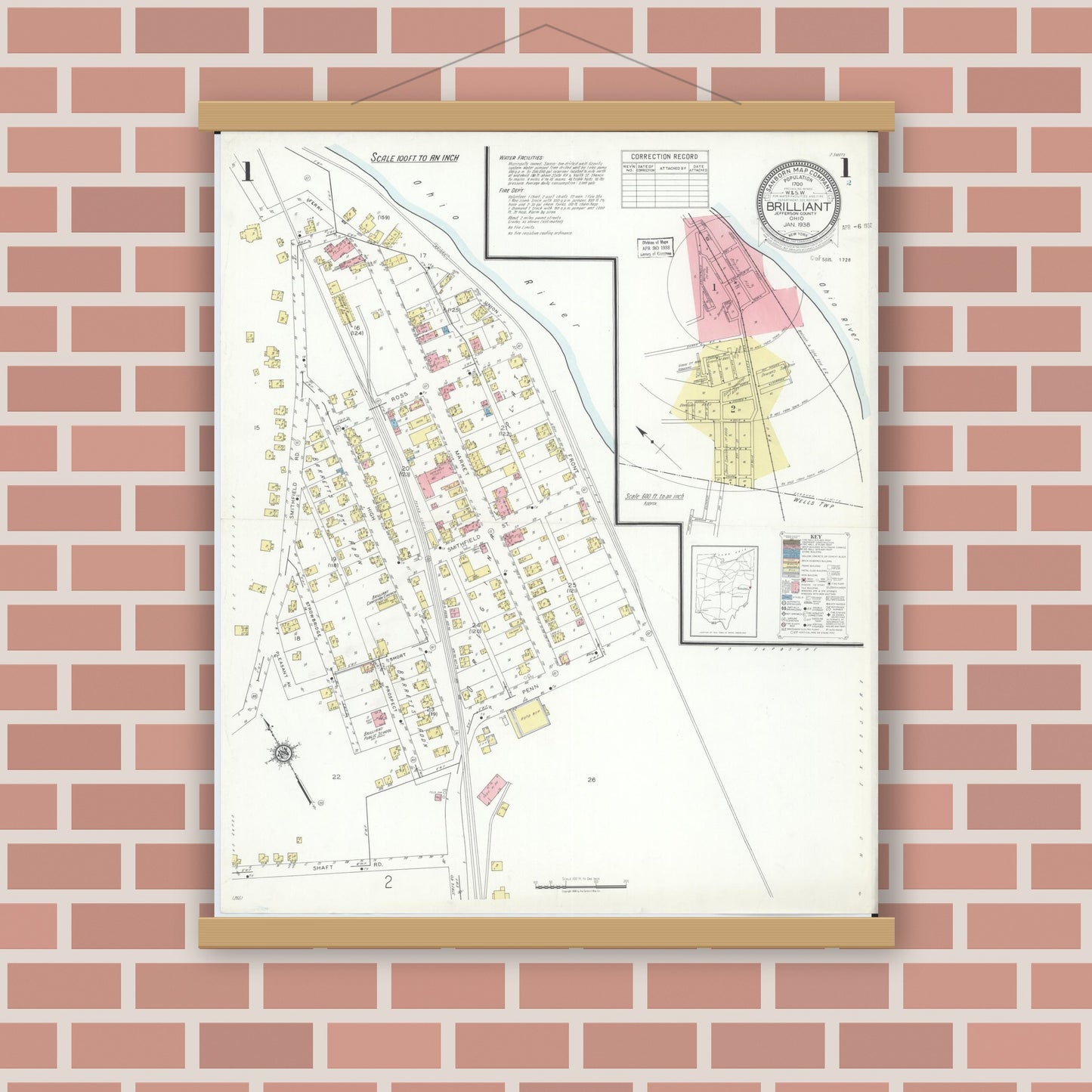 Old map wall art mockup — magnetic wood frame on brick wall — Sanborn Fire Insurance Map from Brilliant, Jefferson County, Ohio (1938) - Complete Map Set